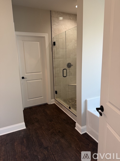 A bathroom with a walk-in shower and a white door.