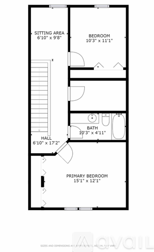 A drawing of a floor plan for a home with a sitting area, hall, and three bedrooms.