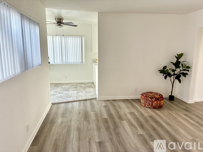 A room with a ceiling fan, a window with blinds, a wooden floor, and a potted plant.