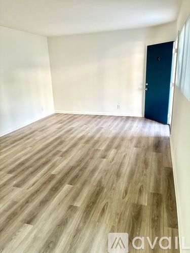 A room with wooden flooring and a blue door.