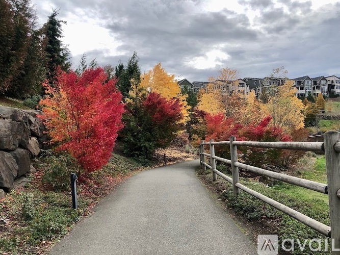 A pathway with a wooden fence and autumn trees.