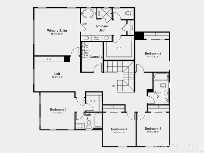 A floor plan of a house with five bedrooms and a laundry room.
