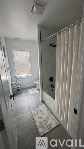 A bathroom with a shower and a toilet.