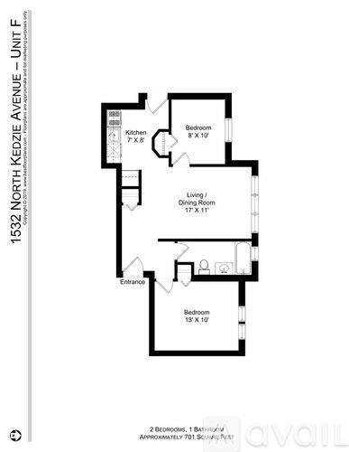 A floor plan of a unit at 152 North Kedzie Avenue shows a living and dining room, two bathrooms, and three bedrooms.
