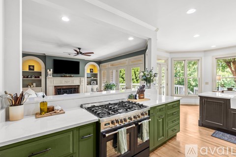 A kitchen with green cabinets and a black stove top.