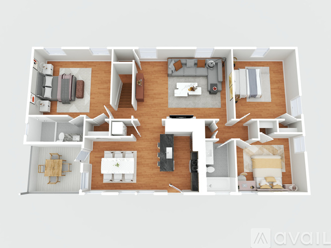 A 3D floor plan of a house layout.