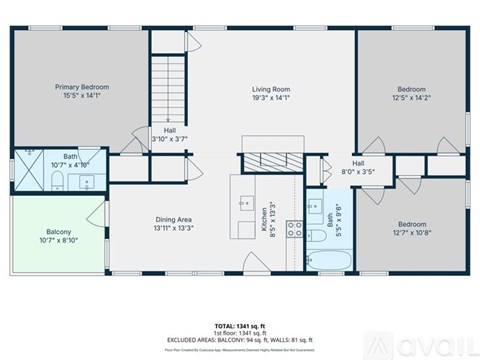 A floor plan of a house with a total area of 341 square feet, including a living room, two bedrooms, a dining area, a bathroom, a balcony, and a kitchen.