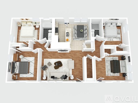 A white and wood floor plan of a house with a kitchen, living room, and bathroom.
