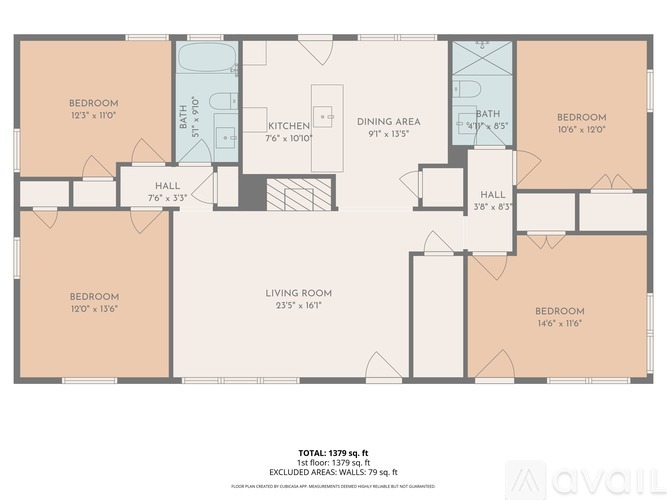 A floor plan of an apartment with a living room, two bedrooms, a dining area, kitchen, and two halls.