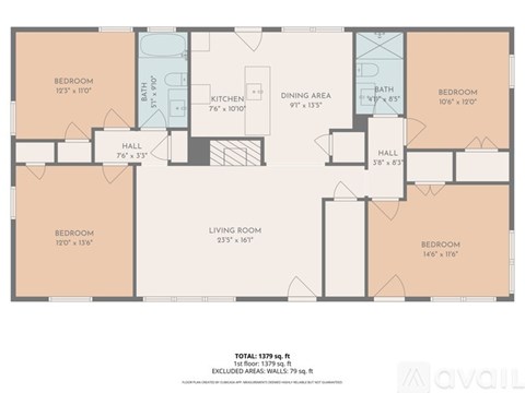 A floor plan of an apartment with a living room, two bedrooms, a dining area, kitchen, and two halls.
