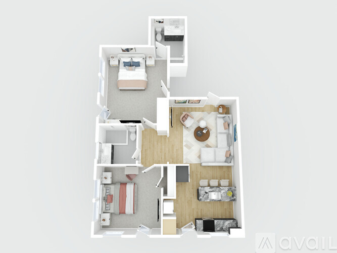 A floor plan of an apartment with a kitchen, living room, and two bedrooms.