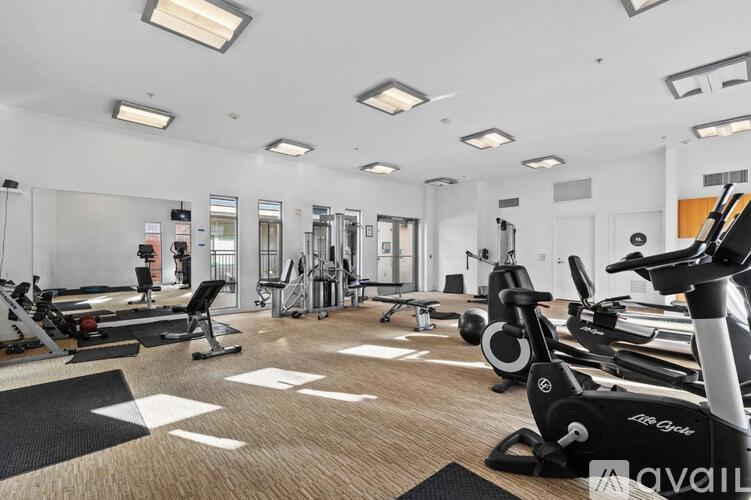 A gym with a variety of equipment including treadmills, weights, and exercise machines.