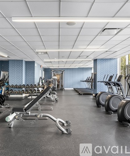 A gym with a variety of equipment including treadmills, weights, and exercise machines.