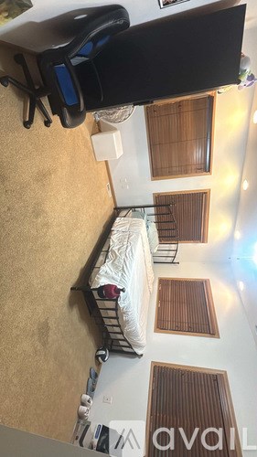 A room with a bed and a ladder.