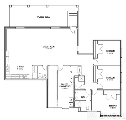 A floor plan of a house with a covered patio, great room, kitchen, and three bedrooms.