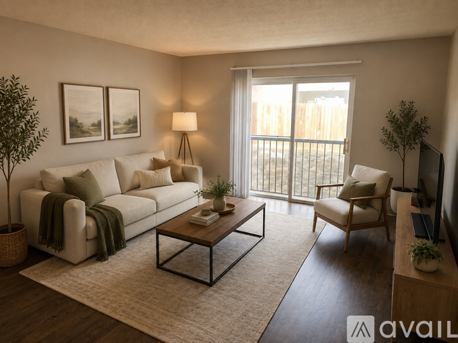 A living room with a white sofa, a wooden coffee table, and a TV on the wall.