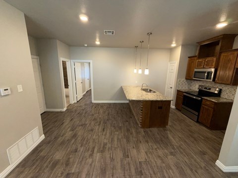 A kitchen with a countertop and cabinets.