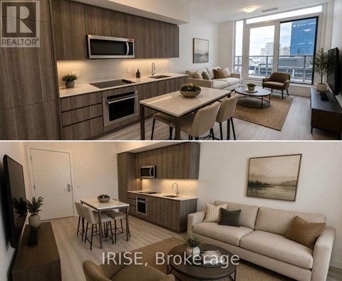 A modern kitchen and living room with wooden cabinets and a large window.