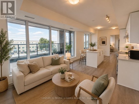 A well-lit, modern living room with a large window and a view of the city.