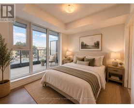 A bedroom with a large bed and a view of the street outside.
