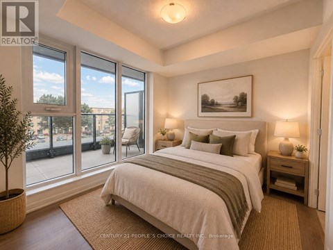 A bedroom with a large bed and a view of the street outside.