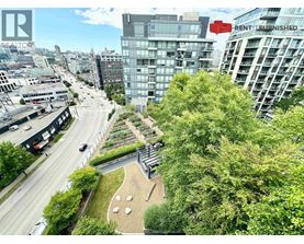 A cityscape with a green space in the foreground and a sign that says "RENT FINISHED".