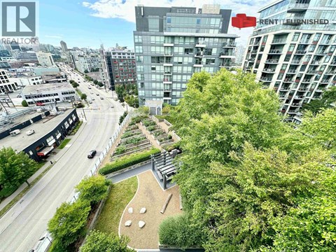 A cityscape with a green space in the foreground and a sign that says "RENT FINISHED".