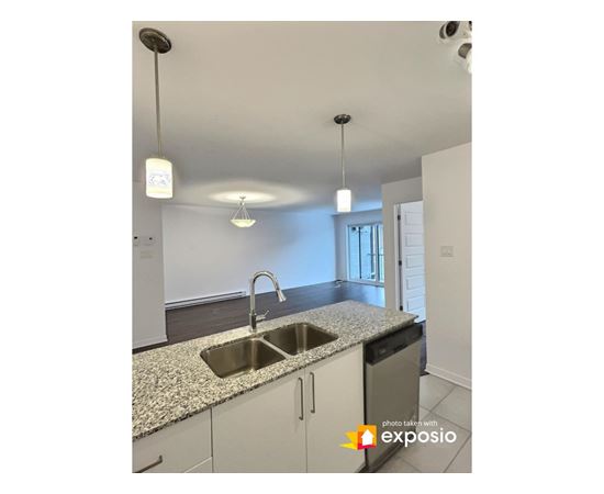 A kitchen with a granite countertop and a stainless steel sink.