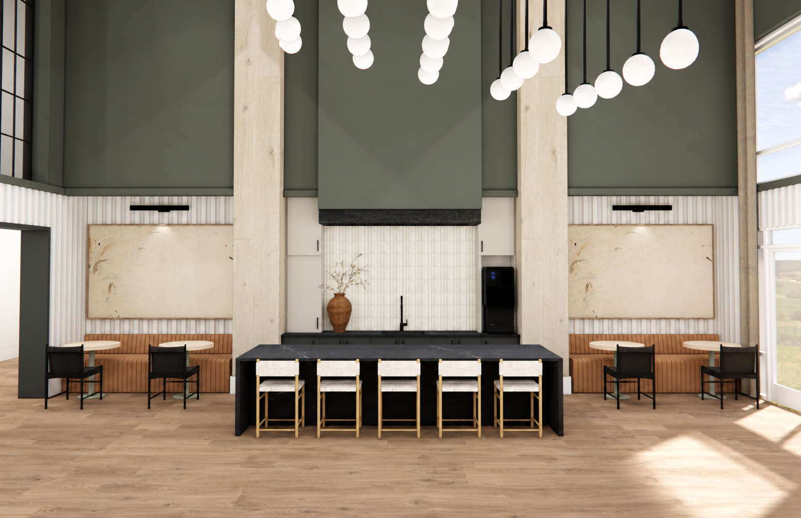 A dining room with a long table and chairs.