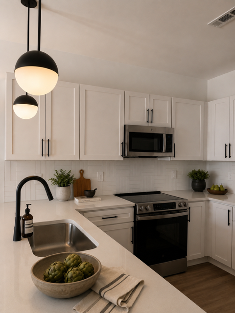 A modern kitchen with a bowl of green apples on the counter.