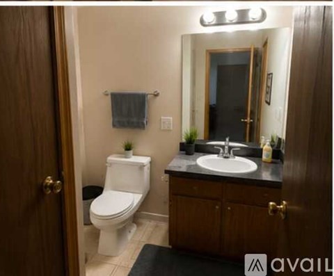 A bathroom with a toilet, sink, and mirror.