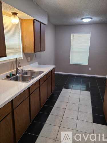 A kitchen with a sink and wooden cabinets.