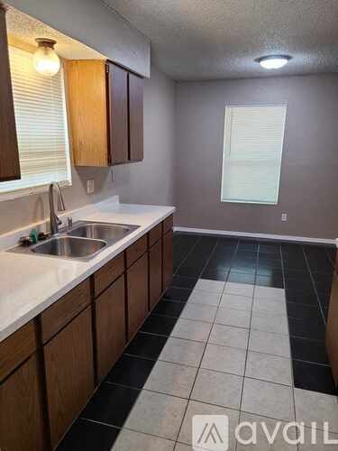 A kitchen with a sink and wooden cabinets.