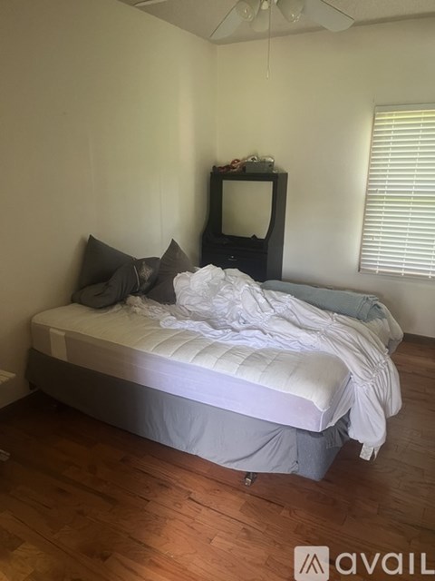 A bedroom with a bed, a television, and a ceiling fan.