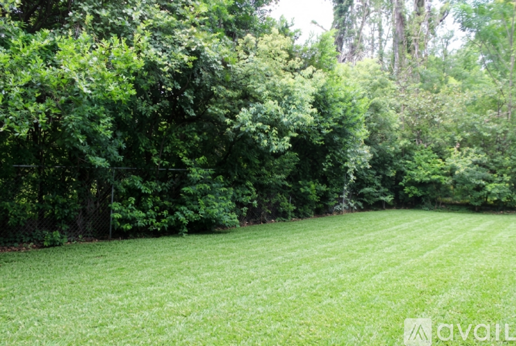 A grassy field with trees in the background.