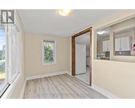 A room with a white door and a window with a view of trees.