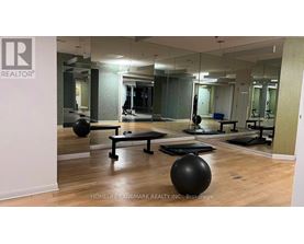 A gym with a mirror, weights, and exercise balls.