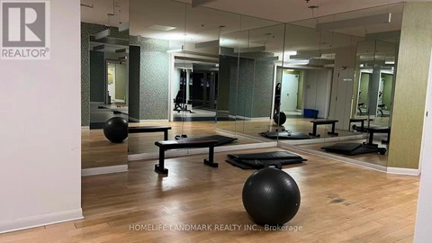 A gym with a mirror, weights, and exercise balls.