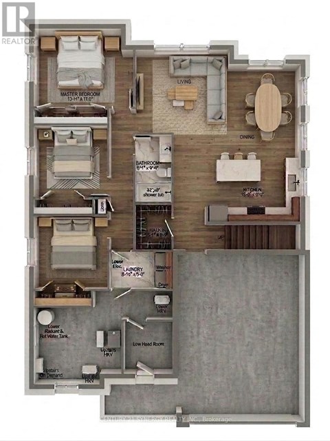 A floor plan of a house with a living room, dining room, kitchen, and bathrooms.