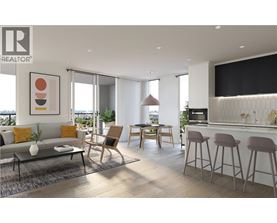 A modern living room with a grey sofa, a wooden chair, and a bar area with stools.