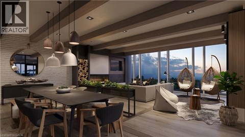 A modern dining room with a large table and chairs.