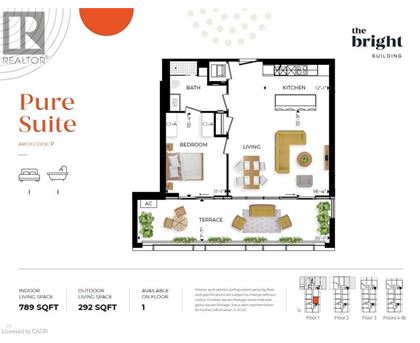 A real estate advertisement for a Pure Suite apartment, showing a detailed floor plan with living and outdoor spaces, and the dimensions of each room.