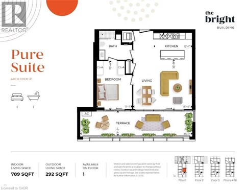 A real estate advertisement for a Pure Suite apartment, showing a detailed floor plan with living and outdoor spaces, and the dimensions of each room.