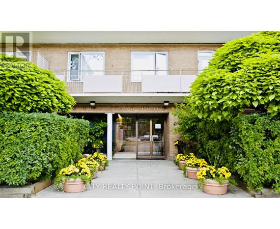 A building entrance with a glass door and windows, flanked by two large bushes.