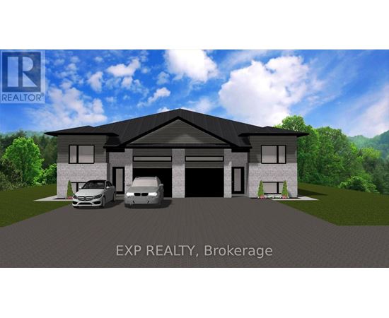 A rendering of a two-story house with a garage and a car parked in front.