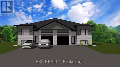 A rendering of a two-story house with a garage and a car parked in front.