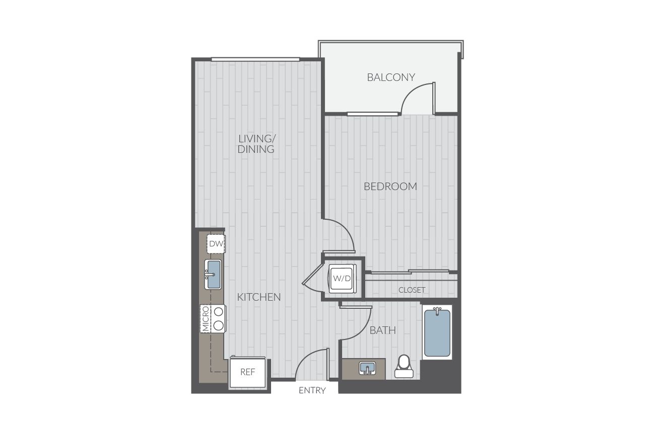 One bedroom floor plan layout. Includes one bathroom and washer/dryer.