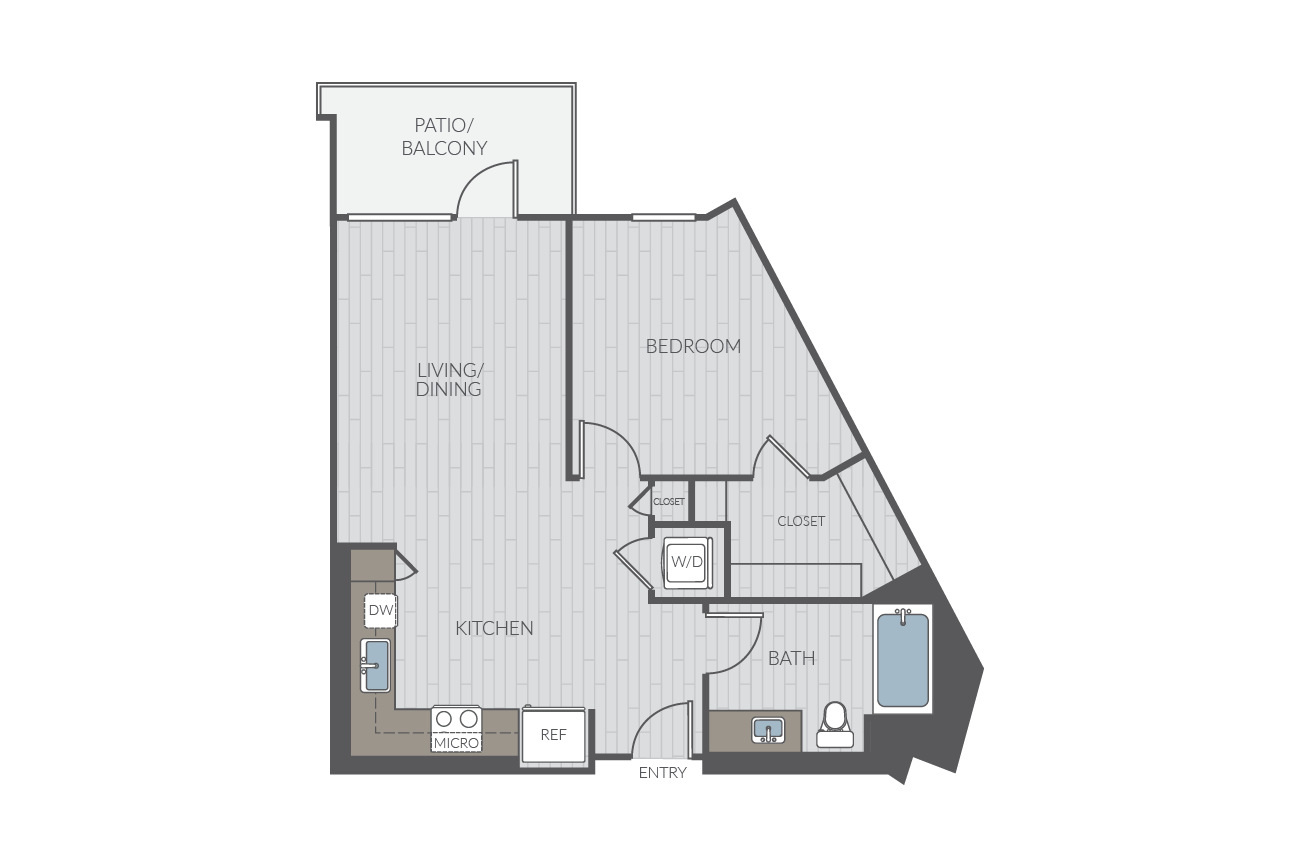 One bedroom floor plan layout. Includes one bathroom and washer/dryer.