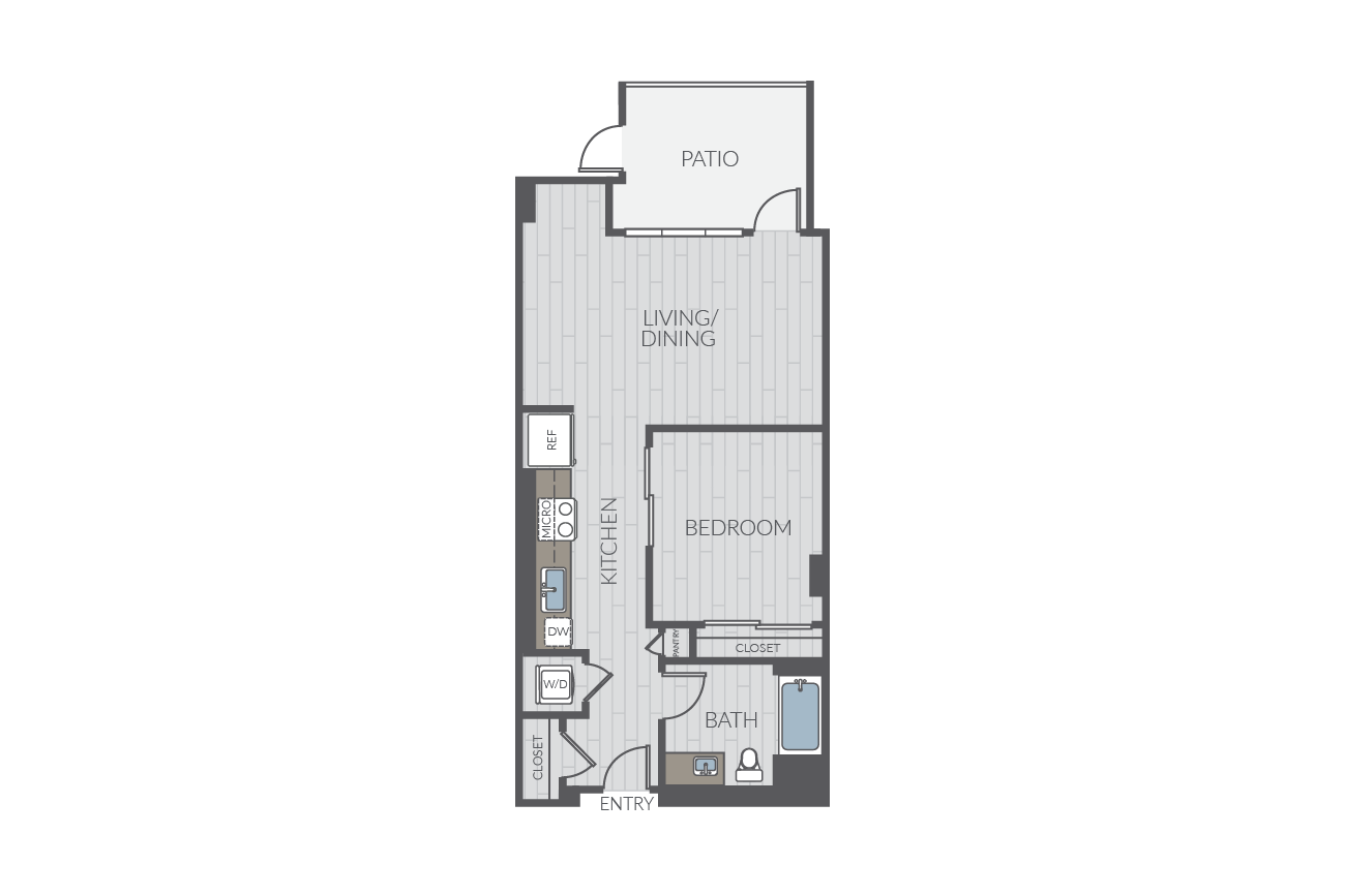 One bedroom floor plan layout. Includes one bathroom and washer/dryer.