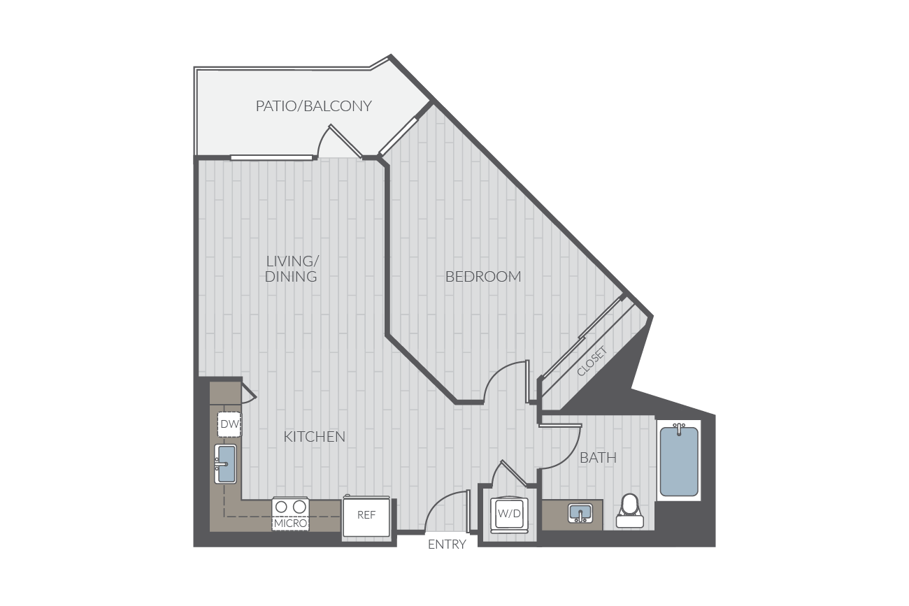 One bedroom floor plan layout. Includes one bathroom and washer/dryer.